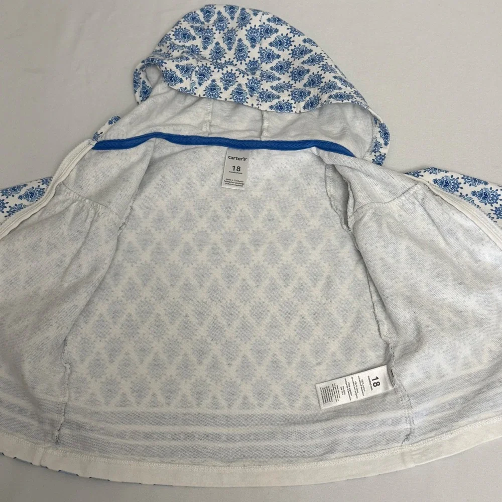 Carters Baby Girl Blue White Damask Print Zip Up Peplum Hoodie Jacket 18 Months
